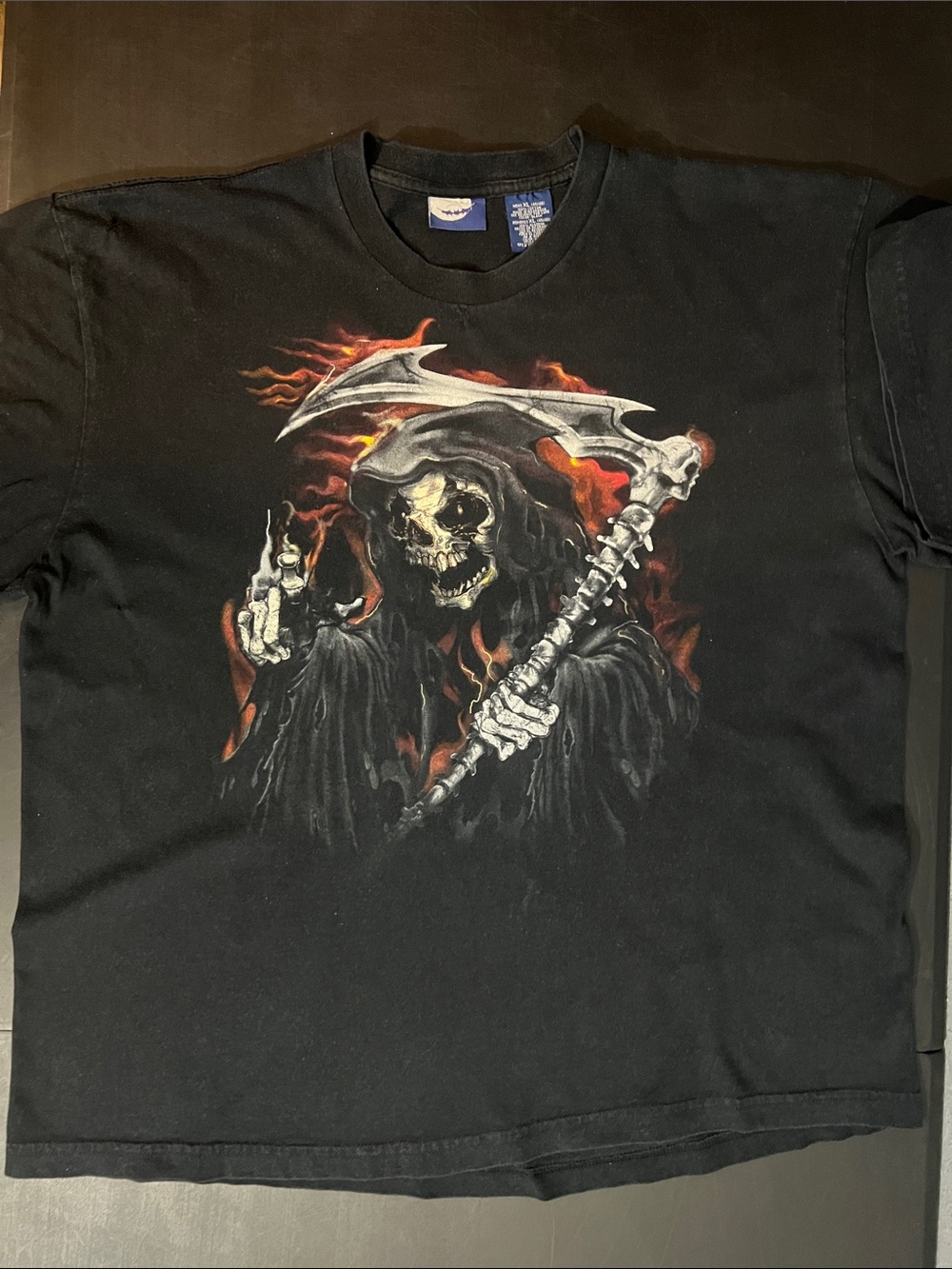 Black Short-Sleeve Tee with Grim Reaper Graphic and Red Accents